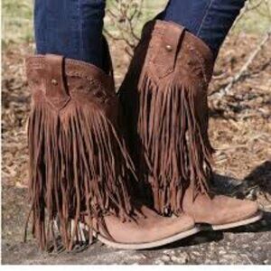 ✨️Liberty Black Vegas Fringe T-Moro Chocolate Brown Tiered Cowboy Boots Size 8.5